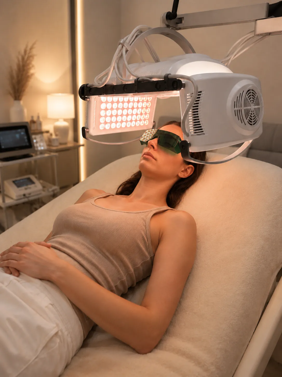 Terapie facială LED la Pimesa — panou de lumină peste față, cu ochelari de protecție